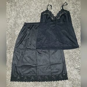Lorraine| Vintage Elegant Black Lace Trim Sleepwear Slip Set